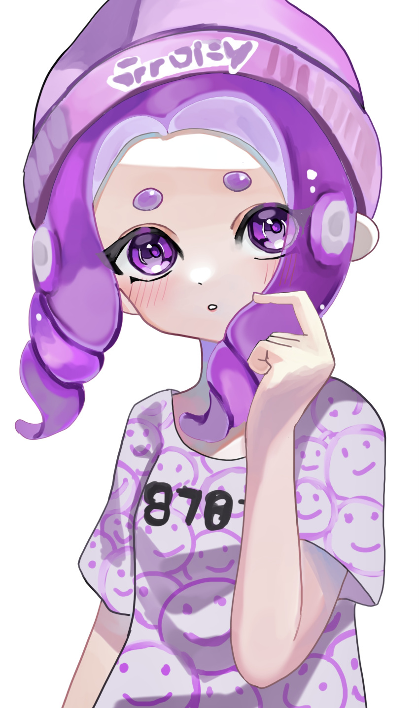 1girl absurdres beanie blush commentary drill_hair hat highres medium_hair negi_kobito octoling octoling_girl octoling_player_character open_mouth parted_lips print_headwear print_shirt purple_eyes purple_hair purple_headwear purple_shirt shirt simple_background solo splatoon_(series) splatoon_3 tentacle_hair thick_eyebrows twin_drills upper_body white_background