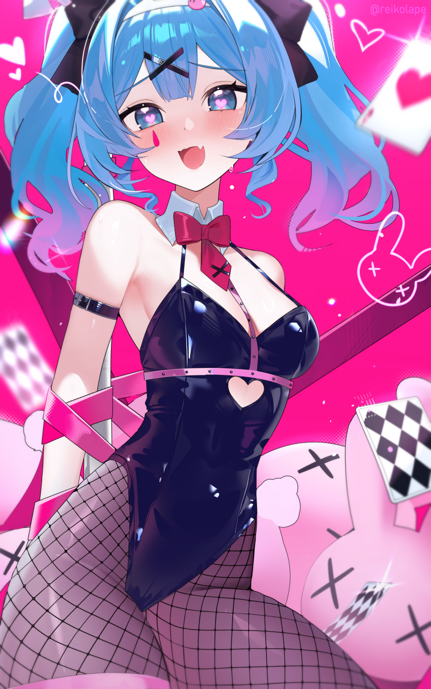 1girl :d absurdres ace_(playing_card) ace_of_hearts arm_strap arms_behind_back bare_shoulders black_leotard blue_eyes blue_hair blush bound bound_arms bow bowtie breasts card clothing_cutout detached_collar fang fishnet_pantyhose fishnets from_below hair_between_eyes hair_ornament hairband hatsune_miku heart heart-shaped_pupils heart_cutout highres leaning_forward leotard long_hair looking_at_viewer looking_down pantyhose playing_card pole rabbit_hole_(vocaloid) red_bow red_bowtie reiko_lape restrained small_breasts smile solo spaghetti_strap stripper_pole stuffed_animal stuffed_rabbit stuffed_toy symbol-shaped_pupils twintails vocaloid white_hairband x_hair_ornament