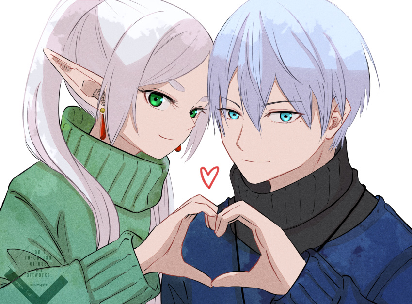 1boy 1girl 325lmi blue_eyes blue_sweater closed_mouth couple frieren green_eyes green_sweater grey_hair hair_between_eyes heart heart_hands heart_hands_duo hetero highres himmel_(sousou_no_frieren) long_hair looking_at_viewer short_hair smile sousou_no_frieren sweater twintails