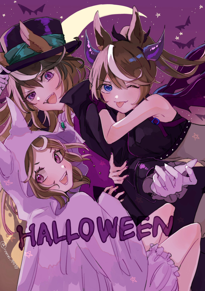 3girls alternate_costume animal_ears bat_(animal) black_coat bloomers blue_eyes breasts brooch brown_hair closed_eyes coat covered_navel crescent_moon demon_costume ears_through_headwear fake_horns fang fangs ghost_costume gloves halloween hand_on_headwear hat highres horns horse_ears jewelry jupo_(nnmn_7737) long_hair looking_at_viewer moon multicolored_hair multiple_girls one_eye_closed ponytail purple_eyes purple_gloves purple_vest shirt sleeveless sleeveless_shirt small_breasts star_(symbol) streaked_hair symboli_rudolf_(umamusume) tokai_teio_(umamusume) tongue tongue_out top_hat tsurumaru_tsuyoshi_(umamusume) twitter_username umamusume vampire_costume vest white_gloves