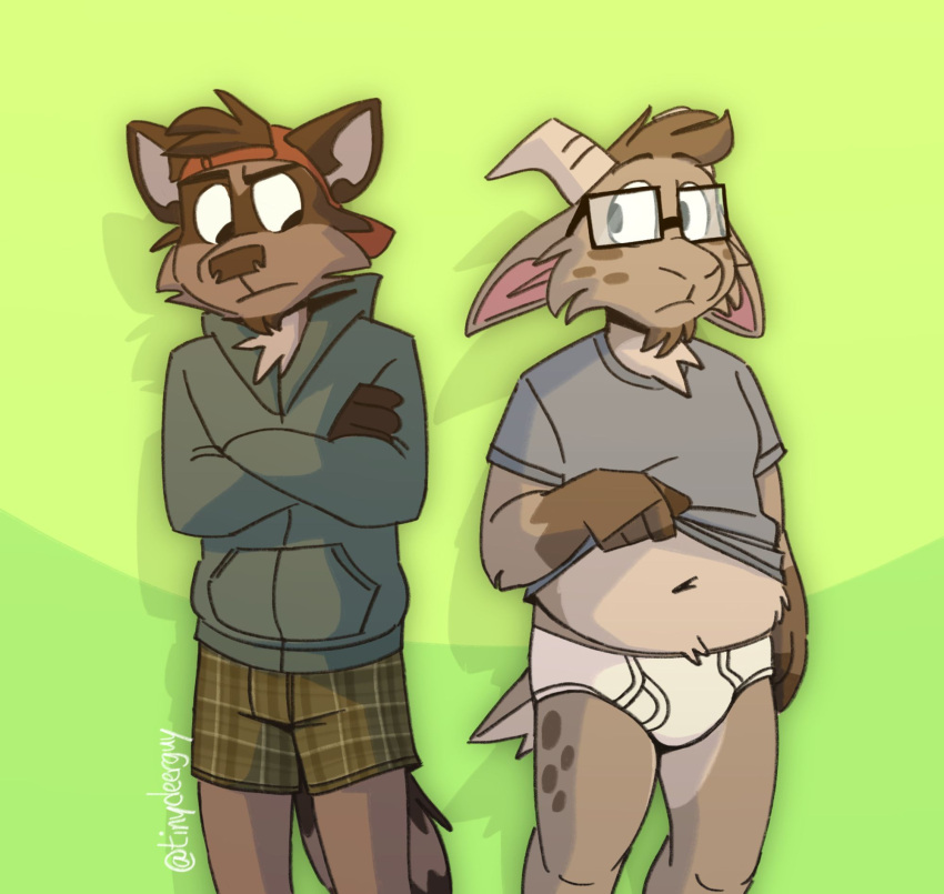 anthro backwards_cap baseball_cap belly bovid boxers_(clothing) briefs brown_body brown_fur brown_hair brown_nose caprine clothed clothing clothing_lift crossed_arms detailed_background duo eyewear facial_hair fur gary_(tinydeerguy) glasses goat goatee green_background green_boxers green_clothing green_hoodie green_topwear green_underwear grey_clothing grey_shirt grey_t-shirt grey_topwear hair hat headgear headwear hi_res hoodie horn looking_at_another looking_at_another's_crotch male male/male mammal navel overweight overweight_male pantsless plaid_boxers procyonid raccoon red_baseball_cap red_clothing red_hat red_headwear sam_(tinydeerguy) shirt shirt_lift signature simple_background slightly_chubby t-shirt tighty_whities tinydeerguy topwear underwear white_briefs white_clothing white_underwear