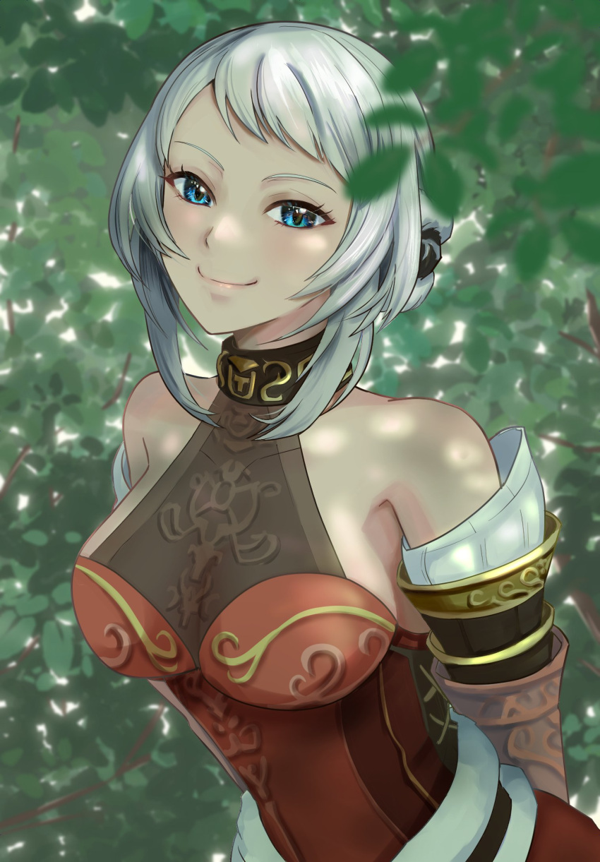 1girl arciela_v_adoulin arms_behind_back bare_shoulders blue_eyes breasts chatarou_bekkan closed_mouth dappled_sunlight detached_sleeves earmuffs eyelashes final_fantasy final_fantasy_xi grey_hair halterneck highres hume looking_at_viewer medium_breasts medium_hair nature short_hair smile solo sunlight