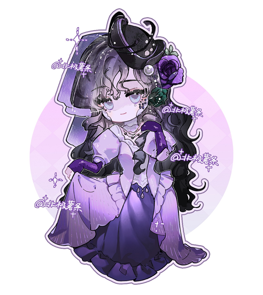 1girl artist_name beiji_shutiao black_flower black_hair black_headwear black_rose chibi circle closed_mouth curly_hair dress flower full_body gown hair_flower hair_ornament hand_up highres isolde_(reverse:1999) juliet_sleeves long_dress long_hair long_sleeves looking_at_viewer pillbox_hat puffy_sleeves purple_background purple_dress purple_eyes purple_flower purple_rose reverse:1999 rose see-through_veil signature skirt_hold sleeves_past_wrists smile solo sparkle sparkling_eyes standing tilted_headwear two-tone_background very_long_hair white_background