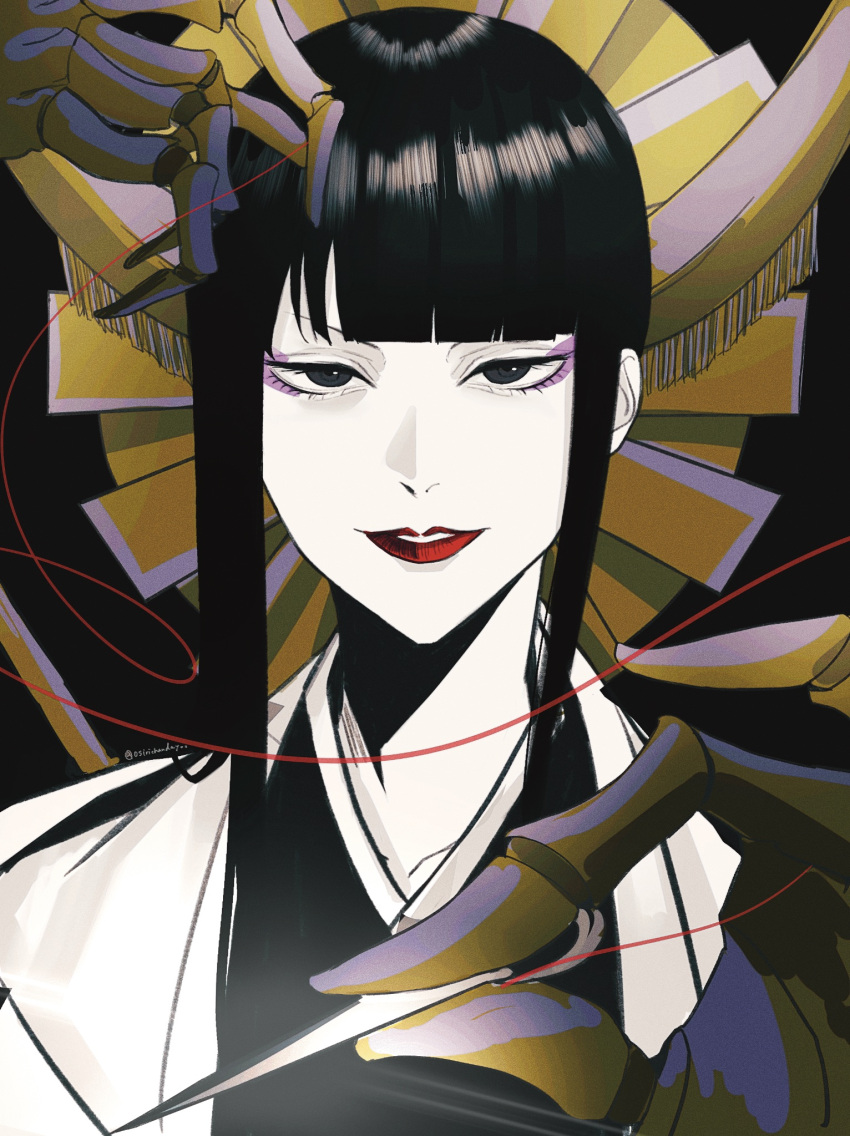 1girl black_background black_hair black_kimono bleach bleach:_sennen_kessen-hen blunt_bangs eyeshadow gold_headwear grey_eyes hair_ornament haori highres holding_sewing_needle japanese_clothes kimono long_hair looking_at_viewer makeup mechanical_arms needle osirichandayoo pale_skin purple_eyeshadow red_lips shihakusho shinigami shutara_senjumaru simple_background skeletal_arm smile solo string string_of_fate taichou_haori thread twitter_username white_haori