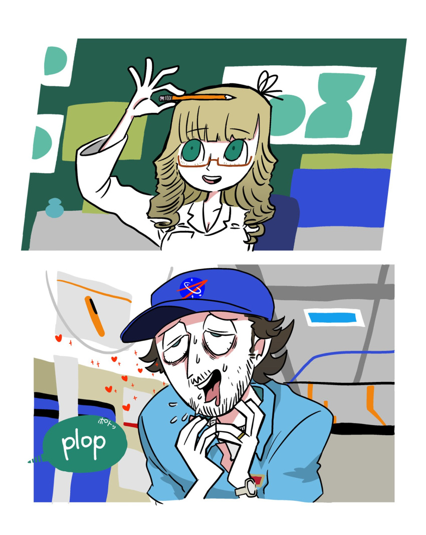 1boy 1girl arm_up bag bags_under_eyes baseball_cap beard bernadette_rostenkowski-wolowitz blonde_hair bloodshot_eyes blue_eyes blue_headwear blue_shirt blunt_bangs breasts cleavage collared_shirt commentary constricted_pupils drooling facial_hair flipped_hair furrowed_brow glasses green_eyes hair_ribbon hands_up hat heart highres howard_wolowitz imagining jewelry kipper_goodbreakfast long_hair looking_at_object mouth_drool mustache nasa_logo necklace open_mouth pen pencil pencil_case plastic_bag print_headwear ribbon ring ringlets shirt smile sparkle spoken_sound_effect sweat symbol-only_commentary the_big_bang_theory very_sweaty watch wedding_ring white_shirt wristwatch