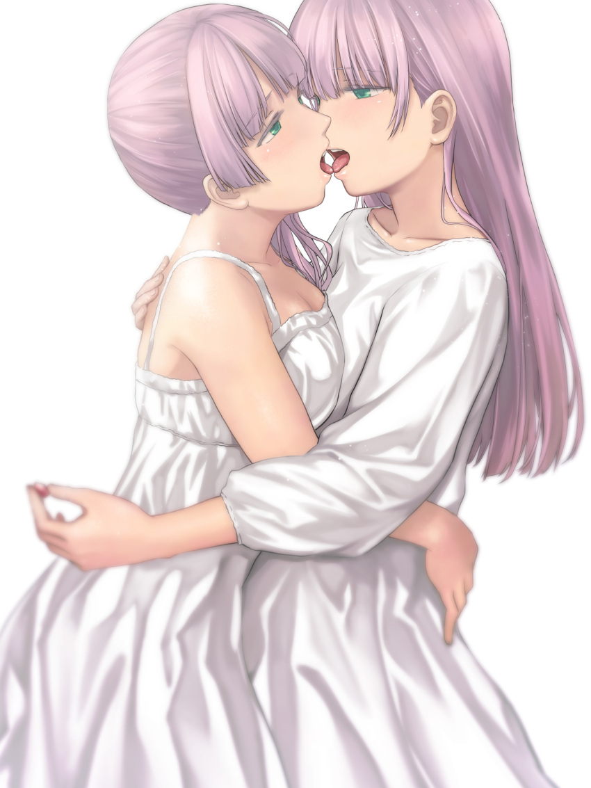 2girls bare_arms commentary_request cowboy_shot dress eye_contact french_kiss from_side green_eyes hand_on_another's_back highres hug kiss light_particles long_hair long_sleeves looking_at_another multiple_girls open_mouth original pink_hair sleeveless sleeveless_dress takekawa_shin tongue tongue_out white_dress yuri