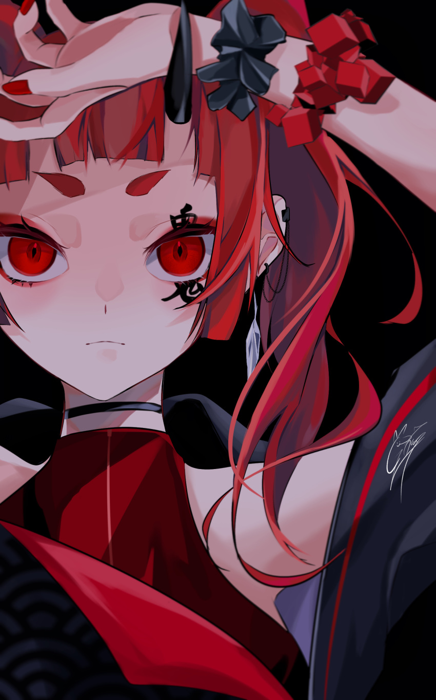 1girl absurdres artist_name blunt_bangs earrings facial_tattoo goma_irasuto highres horns jewelry long_hair nail_polish oni original red_eyes red_hair red_nails red_theme scrunchie single_horn solo tattoo wrist_scrunchie