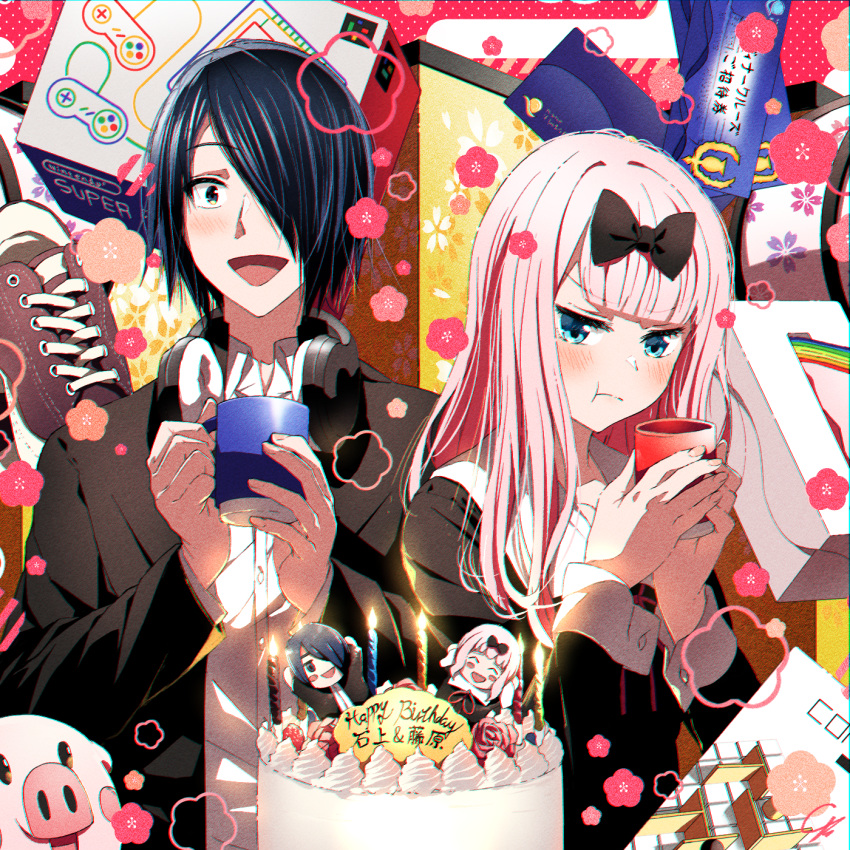 1boy 1girl 4b-enpitsu black_bow black_dress black_jacket blue_hair blunt_bangs blush bow chromatic_aberration closed_mouth collared_shirt commentary_request cup dress dress_shirt english_commentary film_grain fujiwara_chika hair_bow hair_over_one_eye happy_birthday headphones headphones_around_neck highres ishigami_yuu jacket kaguya-sama_wa_kokurasetai_~tensai-tachi_no_renai_zunousen~ long_hair long_sleeves mixed-language_commentary mug open_mouth pink_hair pout shirt short_hair signature translated white_shirt