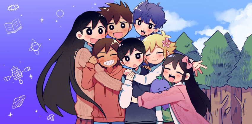 2girls 5boys aged_down alternate_costume alternate_sleeve_length antenna_hair aubrey_(faraway)_(omori) aubrey_(omori) basil_(faraway)_(omori) basil_(omori) black_eyes black_hair black_sweater_vest blonde_hair blue_hair blue_pants blue_shirt blue_sky blush bow bright_pupils brother_and_sister brothers brown_hair closed_eyes closed_mouth cloud collared_shirt day denim green_sweater_vest grin group_hug hair_behind_ear hair_between_eyes hair_bow hand_on_another's_arm hand_on_another's_shoulder hand_on_another's_wrist hero_(faraway)_(omori) hero_(omori) holding holding_stuffed_toy hood hood_down hoodie hug jack-o'_ran-tan jacket jeans kel_(faraway)_(omori) kel_(omori) long_hair long_sleeves looking_at_another looking_at_viewer mari_(faraway)_(omori) mari_(omori) multiple_boys multiple_girls omori open_clothes open_jacket open_mouth outdoors outstretched_hand pants pink_bow pink_jacket purple_sky red_hoodie red_skirt red_sweater shirt short_hair siblings skirt sky smile sparkle striped_clothes striped_shirt stuffed_eggplant stuffed_toy sunny_(omori) sweater sweater_vest tan teeth tree turtleneck upper_teeth_only v-shaped_eyebrows white_pupils white_shirt yuusuke-kun