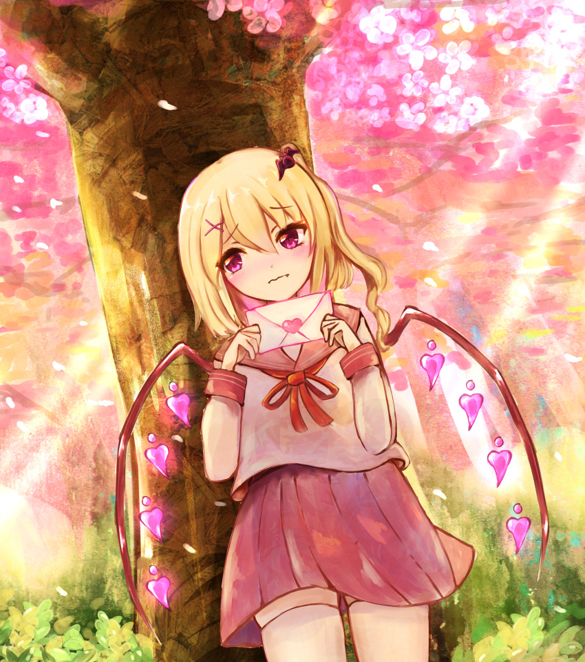 1girl absurdres alternate_costume blonde_hair cherry_blossoms closed_mouth contemporary cowboy_shot crystal envelope fang fang_out flandre_scarlet glowing glowing_wings hair_between_eyes hair_ornament highres holding holding_envelope long_sleeves love_letter medium_hair neck_ribbon no_headwear one_side_up outdoors pink_eyes pink_sailor_collar pink_skirt pink_theme pleated_skirt red_ribbon ribbon sailor_collar school_uniform semisigule serafuku shirt skirt solo thighhighs touhou tree white_shirt white_thighhighs wings x_hair_ornament