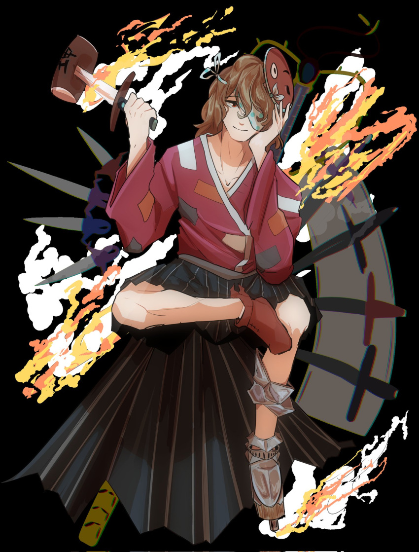 1other ametsukana_yago androgynous bandage_over_one_eye bohrelight brown_hair hakama hakama_skirt highres hyottoko_mask japanese_clothes kimono len'en mask mask_on_head other_focus red_eyes red_kimono short_hair sitting skirt smile solo