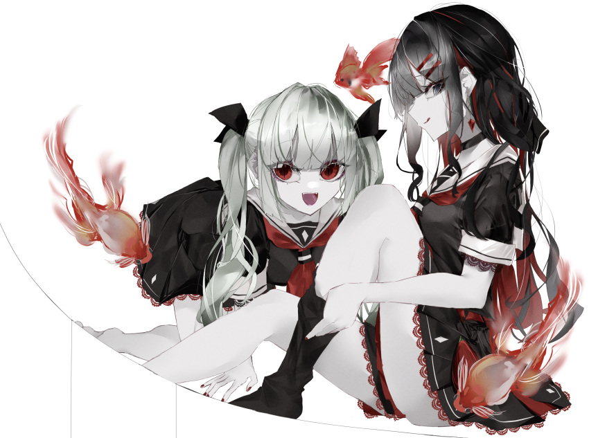 2girls :d absurdres all_fours barefoot black_choker black_hair black_ribbon black_serafuku black_shirt black_skirt blunt_bangs choker commentary_request dress earrings fangs fish goldfish grey_eyes grey_hair hair_ornament hair_ribbon hairclip highres jewelry kagerou_4253 knee_up lace-trimmed_skirt lace_trim long_hair looking_at_viewer multicolored_hair multiple_girls nail_polish neckerchief open_mouth original pale_skin pleated_skirt red_eyes red_hair red_nails red_neckerchief ribbon sailor_collar school_uniform serafuku shirt short_sleeves simple_background sitting skirt smile socks thighs tongue tongue_out twintails two-tone_hair white_background white_sailor_collar