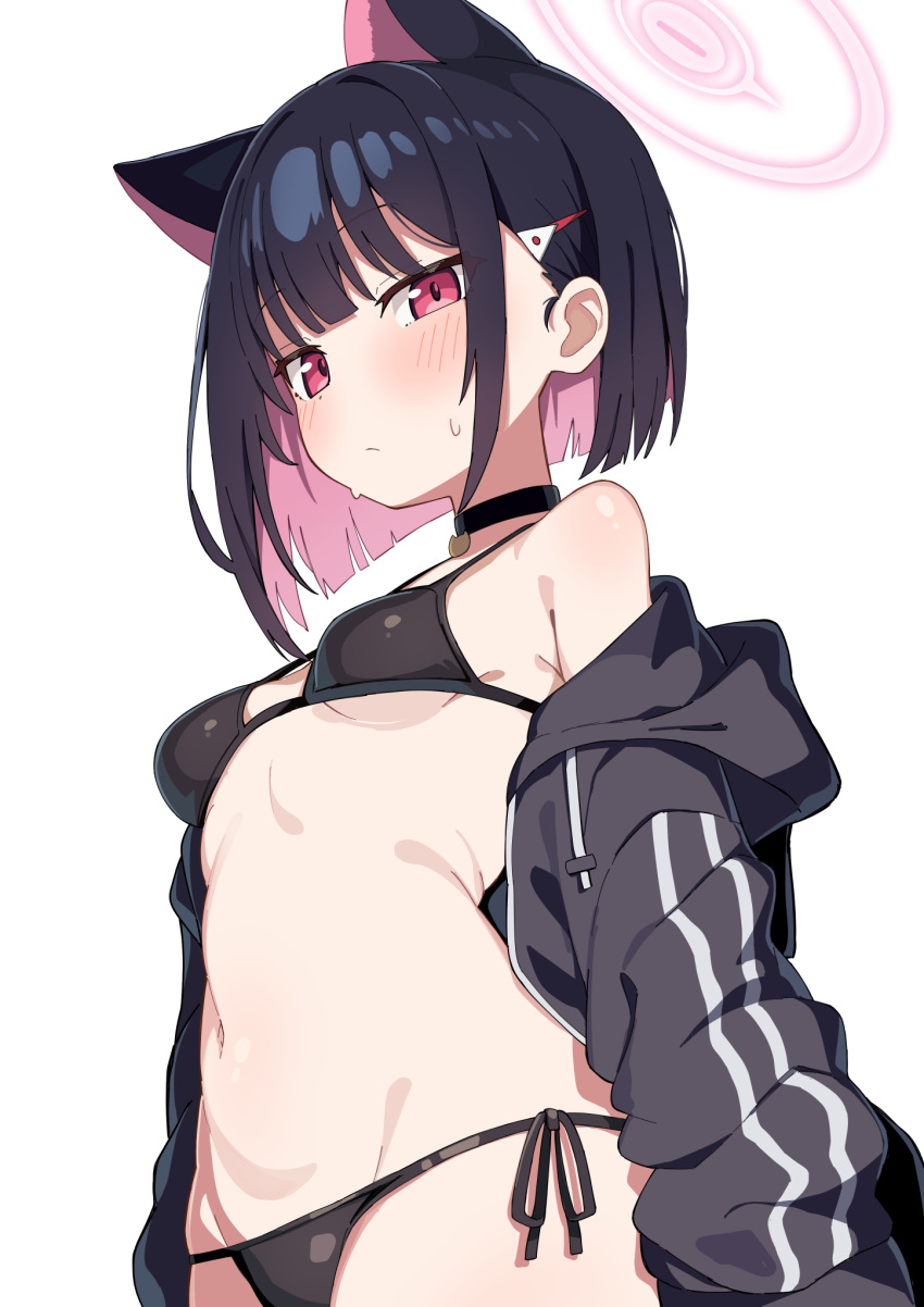 1girl animal_ear_fluff animal_ears bare_shoulders bikini black_bikini black_choker black_hair black_jacket blue_archive blush breasts cat_ears choker closed_mouth cowboy_shot hair_ornament hairclip halo halterneck highres hood jacket kazusa_(blue_archive) long_sleeves looking_at_viewer maud0239 navel off_shoulder open_clothes open_jacket pink_hair red_eyes short_hair simple_background sleeves_past_wrists small_breasts solo stomach string_bikini sweat swimsuit swimsuit_under_clothes white_background