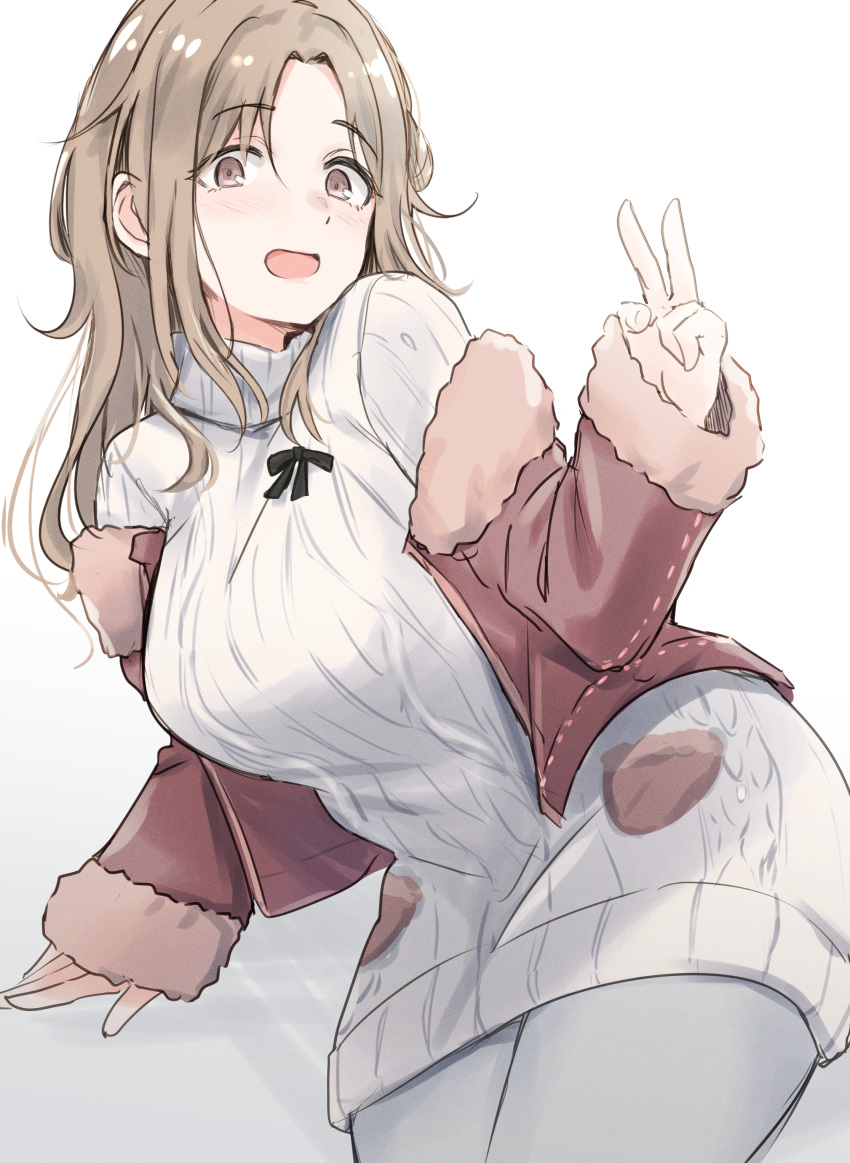 1girl absurdres blush breasts brown_hair brown_jacket dress fur-trimmed_jacket fur_trim highres ichikawa_hinana idolmaster idolmaster_shiny_colors jacket jacket_partially_removed large_breasts looking_at_viewer pantyhose smile solo sweater sweater_dress unu_(unucence) v white_dress white_pantyhose