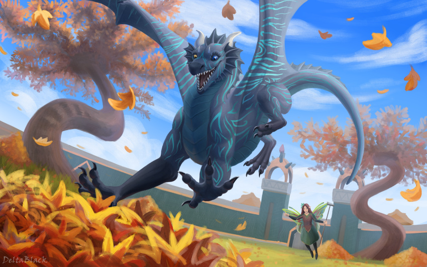 absurd_res autumn belly_scales blue_stripes charcter_pryzm claws clothed clothing deltablackk digital_media_(artwork) dragon duo european_mythology fairy female feral grey_body hi_res horn human humanoid humor insect_wings istaria jumping leaf mammal membrane_(anatomy) membranous_wings mythological_creature mythological_scalie mythology not_furry pawpads paws plant scales scalie sky smile stripes tail teeth western_dragon wings