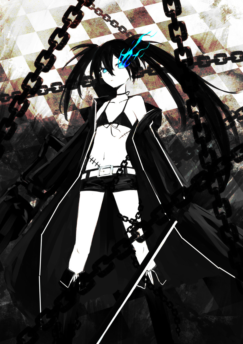 1girl absurdres belt bikini bikini_top_only black_bikini black_footwear black_hair black_jacket black_rock_shooter black_rock_shooter_(character) black_shorts blue_eyes boots chain checkered_background choker colored_skin de4d_fish feet_out_of_frame flaming_eye flat_chest front-tie_bikini_top front-tie_top highres holding holding_sword holding_weapon jacket long_hair long_sleeves navel open_clothes open_jacket scar scar_on_stomach short_shorts shorts single_bare_shoulder single_off_shoulder solo standing stomach swimsuit sword twintails very_long_hair weapon white_belt white_skin