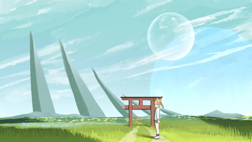 1girl animal_ear_fluff animal_ears black_shorts blonde_hair blue_eyes blue_sky cloud commentary_request concept_art day fox_ears full_moon glasses grass highres jacket kuro_kosyou long_sleeves looking_at_viewer moon original outdoors path ponytail scenery shoes shorts sky solo standing torii white_footwear white_jacket
