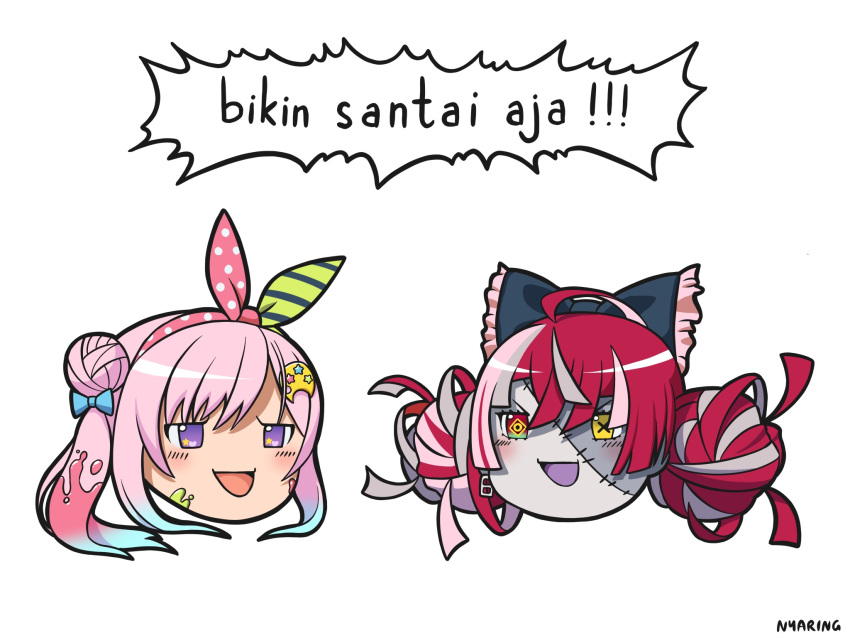 2girls airani_iofifteen blue_hair bow colored_skin commentary_request double_bun earrings green_eyes grey_hair grey_skin hair_bow hair_bun hairband heterochromia highres hololive hololive_indonesia indonesian_commentary indonesian_text jewelry kureiji_ollie multicolored_eyes multiple_girls nyaring943 paint patchwork_skin pink_hair purple_eyes red_eyes red_hair side_ponytail signature single_earring single_side_bun star_(symbol) star_in_eye stitched_face stitches symbol_in_eye translation_request virtual_youtuber yellow_eyes yukkuri_shiteitte_ne zombie