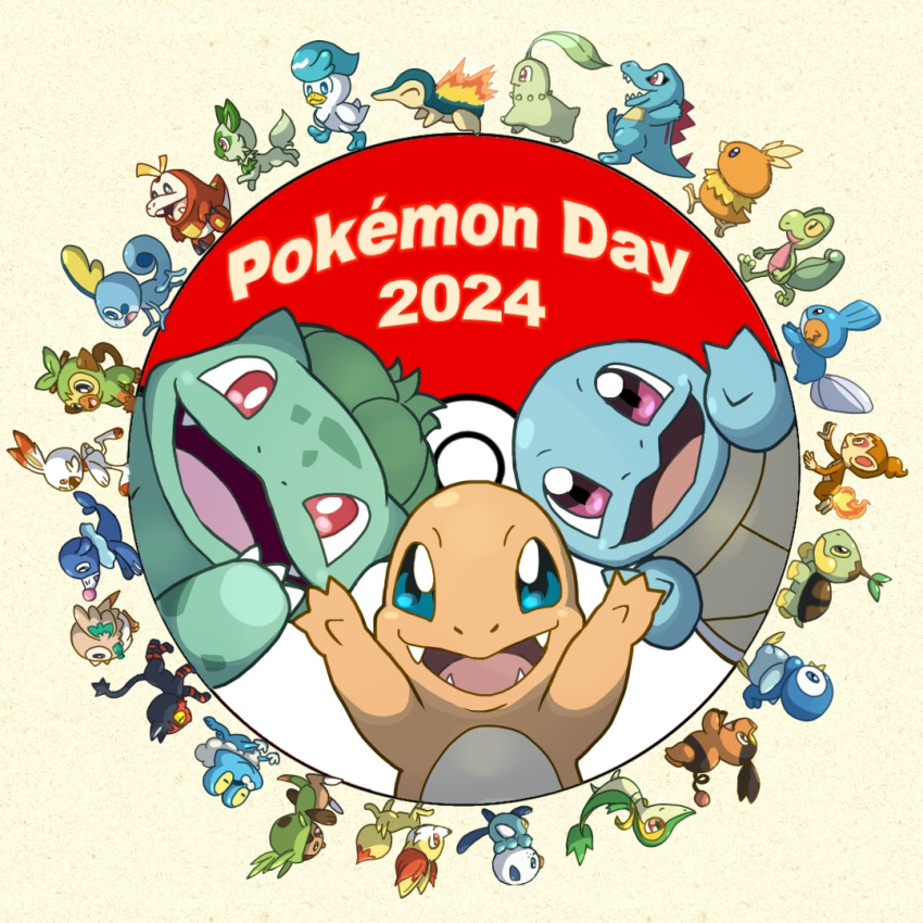 ^_^ animal_focus arms_up black_eyes blue_eyes bright_pupils bulbasaur charmander chespin chikorita chimchar cinderace claws closed_eyes closed_mouth colored_sclera commentary_request copyright_name cyndaquil dated everyone fangs fennekin fiery_tail fire froakie fuecoco full_body grookey happy leaf litten looking_at_viewer monya mudkip no_humans open_mouth oshawott partial_commentary piplup poke_ball_symbol pokemon pokemon_(creature) popplio profile purple_eyes quaxly red_eyes round_image rowlet smile snivy sobble sprigatito squirtle straight-on tail tepig torchic totodile treecko turtwig upper_body walking white_pupils yellow_sclera