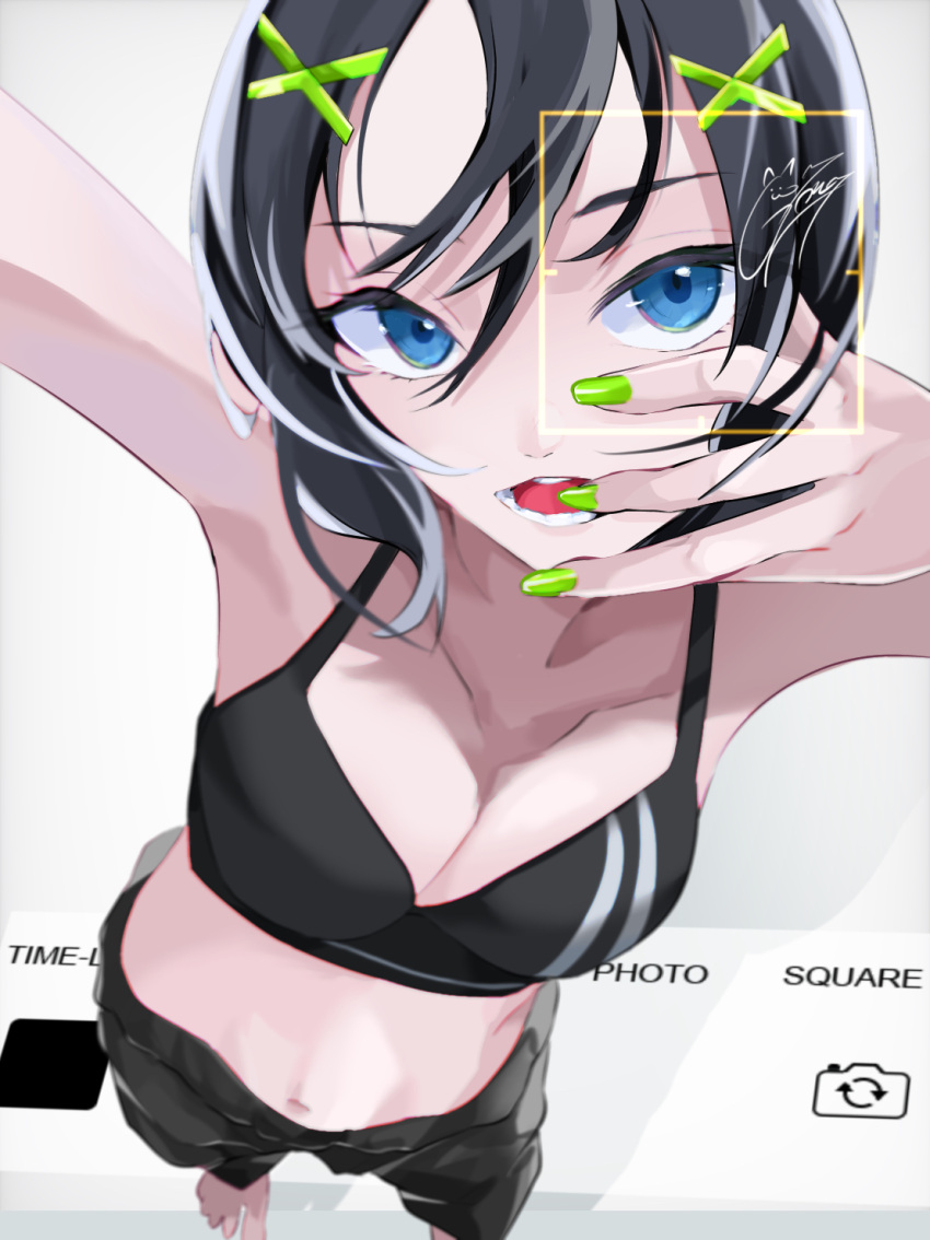 1girl abs bare_arms bare_shoulders barefoot black_hair black_shorts blue_eyes breasts cleavage covered_navel english_text goma_irasuto green_nails hair_ornament highres multicolored_hair nail_polish original selfie short_hair shorts solo sports_bra stomach streaked_hair