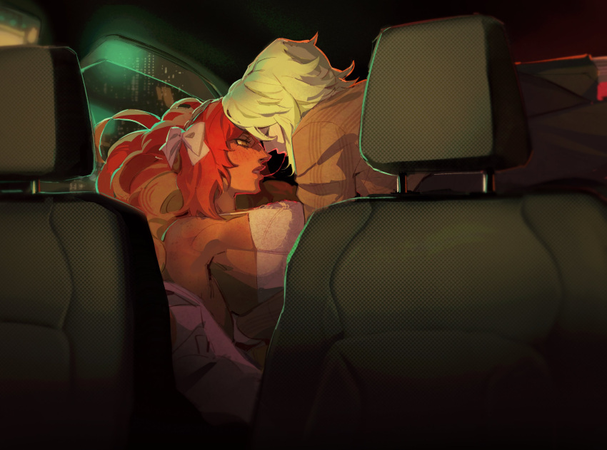 2400db 2girls alternate_skin_color bare_shoulders blonde_hair blush bow car_interior car_seat city couple dark-skinned_female dark_skin eye_contact faust_(project_moon) hair_bow highres interracial ishmael_(project_moon) leaning_back limbus_company long_hair looking_at_another medium_hair multiple_girls project_moon red_hair saliva saliva_trail sitting white_bow yellow_eyes yuri