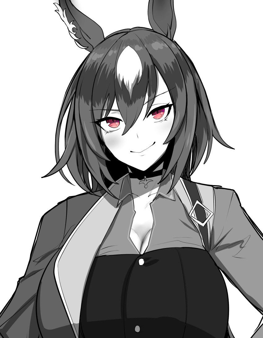 1girl absurdres animal_ears breasts cleavage closed_mouth collarbone commentary_request ear_ornament greyscale highres horse_ears horse_girl large_breasts long_hair long_sleeves megao_3rd monochrome multicolored_hair pendant_choker red_eyes simple_background sirius_symboli_(umamusume) smile solo spot_color streaked_hair umamusume upper_body white_background