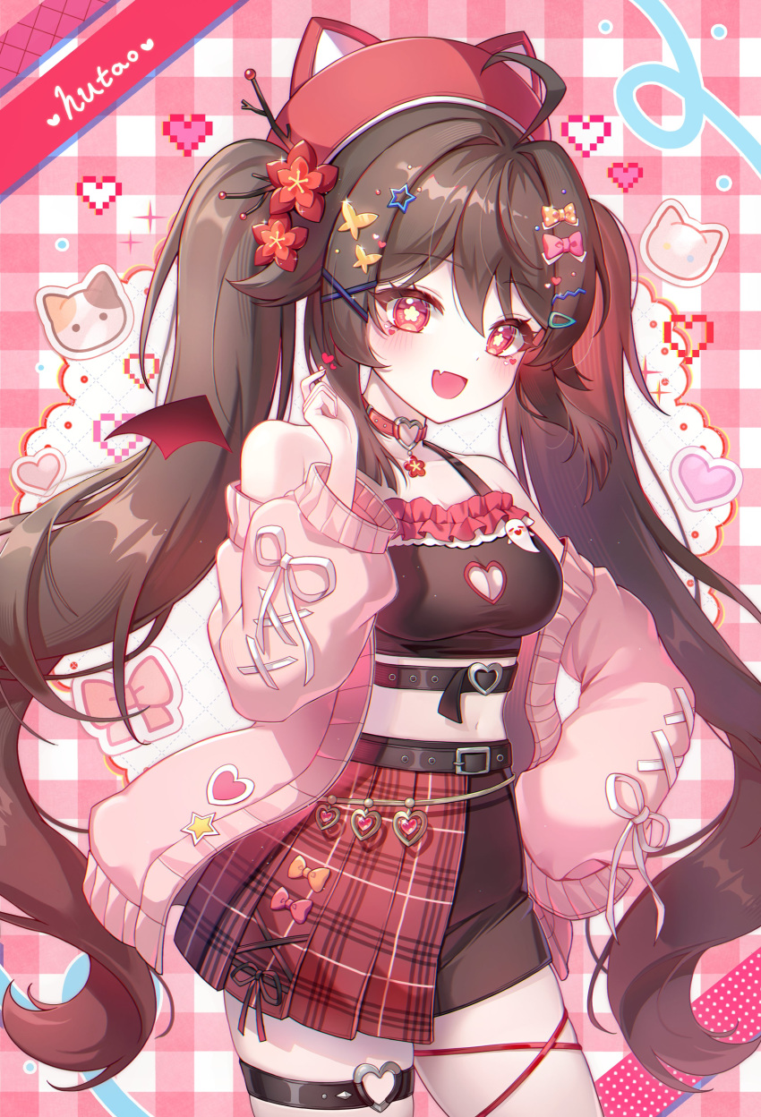 1girl absurdres breasts brown_hair brown_shorts character_name choker cleavage_cutout clothing_cutout collar crop_top flower flower-shaped_pupils genshin_impact hair_between_eyes hair_ornament hayun highres hu_tao_(genshin_impact) jacket long_hair long_sleeves medium_breasts midriff navel open_mouth pink_jacket red_eyes shorts smile solo stomach sweater_jacket symbol-shaped_pupils twintails x_hair_ornament