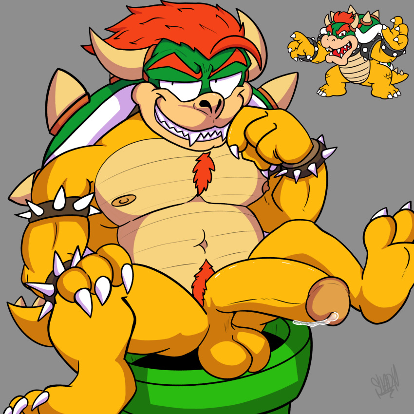 anthro balls big_balls big_penis bodily_fluids bowser dripping feet genital_fluids genitals hi_res koopa leaking_precum male mario_bros nintendo nipples penis precum precum_drip pubes reptile scalie shadydaone slightly_chubby solo solo_focus turtle