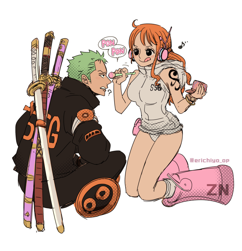 1boy 1girl ? applying_makeup arm_tattoo back black_jacket black_pants bracelet crossed_legs erichiyo_op green_hair headphones highres holding hood hoodie jacket jewelry long_hair looking_at_another musical_note nami_(one_piece) one_piece orange_footwear orange_hair panties pants pink_footwear roronoa_zoro short_hair sideburns sidelocks simple_background sitting sleeveless sleeveless_hoodie smile sword sword_on_back tattoo tongue tongue_out twitter_username underwear v-shaped_eyebrows weapon weapon_on_back white_background white_hoodie white_panties