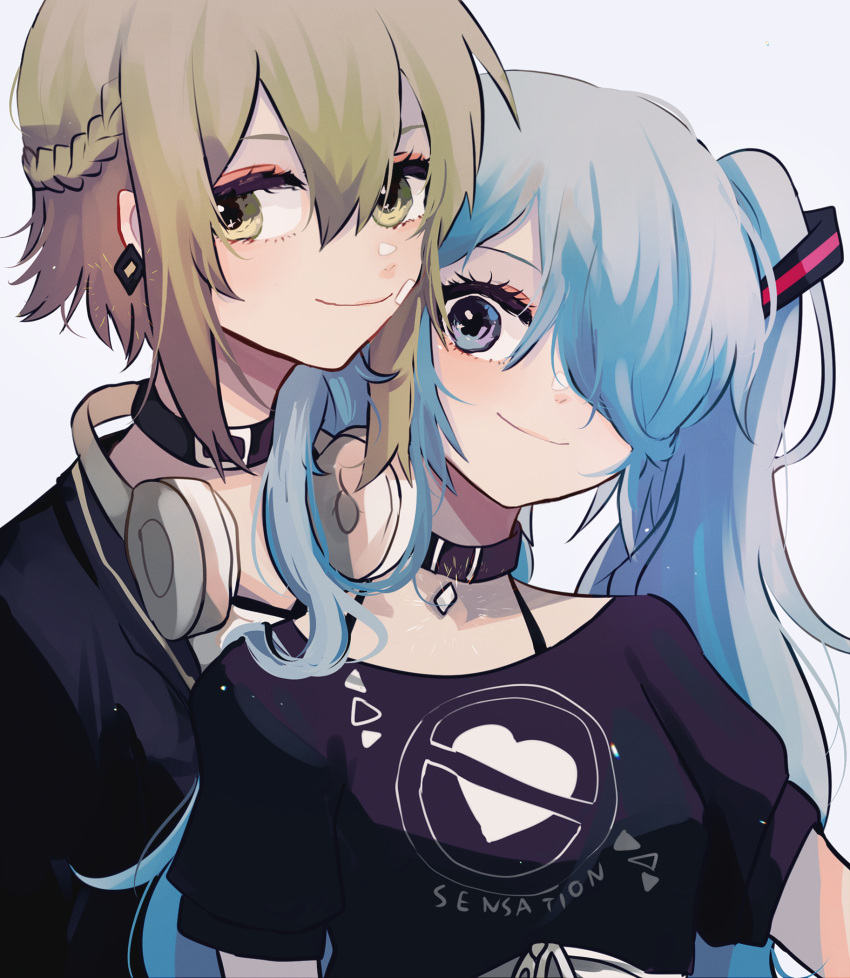 2girls alternate_bangs aqua_eyes aqua_hair bandaid bandaid_on_cheek bandaid_on_face black_collar black_shirt bra_strap braid closed_mouth collar earrings french_braid gomiyama green_eyes green_hair gumi hair_between_eyes hair_over_one_eye hatsune_miku headphones headphones_around_neck highres jewelry long_hair looking_at_viewer multiple_girls shirt short_hair short_sleeves smile twintails upper_body vocaloid white_background white_headphones