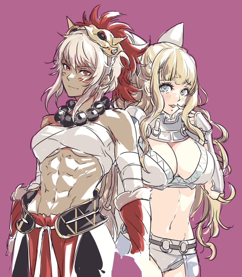 2girls armor bead_necklace beads biceps bikini_armor blonde_hair blue_eyes bow breasts charlotte_(fire_emblem) chest_sarashi cleavage fire_emblem fire_emblem_fates highres jewelry mask mask_on_head multiple_girls muscular muscular_female necklace obliques pauldrons red_eyes rinkah_(fire_emblem) sarashi shoulder_armor umi_(_oneinchswing) wavy_hair white_bow white_hair