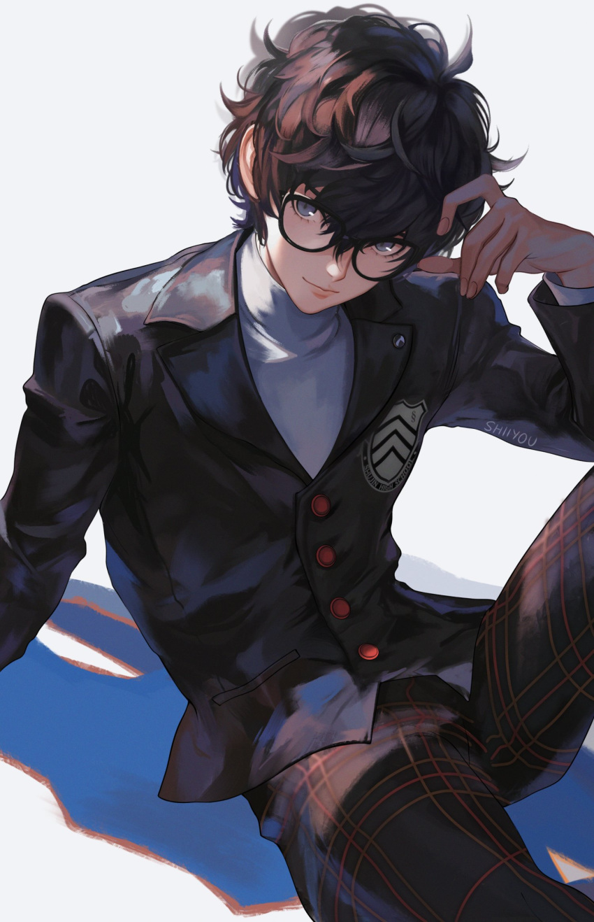 1boy amamiya_ren black-framed_eyewear black_hair black_jacket black_pants buttons closed_mouth commentary glasses highres jacket male_focus pants persona persona_5 shiiyou short_hair simple_background sitting solo sweater white_background white_sweater