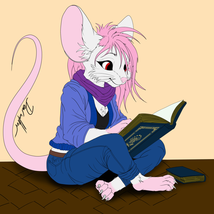 albino anthro book bottomwear chest_tuft claws clothing crossed_legs deerwalker denim denim_bottomwear denim_clothing female hair hi_res jeans kittensnark mammal mouse murid murine pants pink_hair reading reading_book red_eyes rodent scarf shirt simple_background sitting solo sweater tank_top the_magicians topwear tris_(tris_the_mouse) tuft whiskers