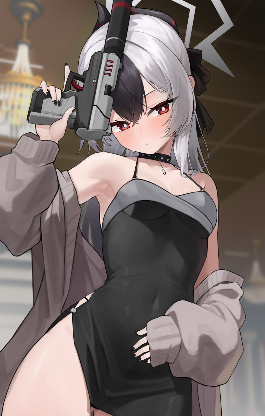 1girl absurdres black_dress black_hair black_horns black_nails blue_archive blush breasts closed_mouth cowboy_shot demon_horns dress fingernails grey_hair grey_halo grey_jacket gun hair_between_eyes halo highres holding holding_gun holding_weapon horns jacket kayoko_(blue_archive) kayoko_(dress)_(blue_archive) kumari2311 long_hair long_sleeves looking_at_viewer multicolored_hair nail_polish official_alternate_costume open_clothes open_jacket red_eyes small_breasts solo weapon