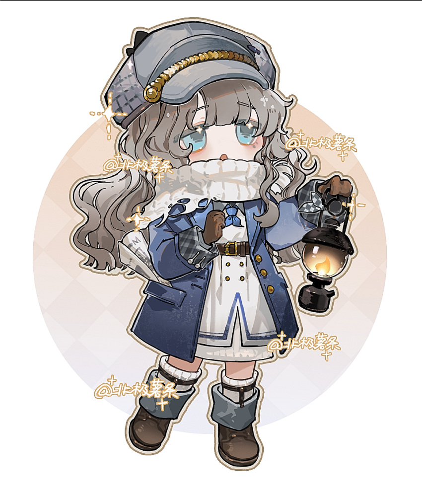 1girl :o ankle_boots artist_name beiji_shutiao belt blue_coat blue_eyes blue_neckerchief boots brown_belt brown_footwear brown_gloves brown_hair cabbie_hat chibi circle coat curly_hair dress full_body gloves grey_headwear hands_up hat highres holding holding_lantern lantern long_dress long_hair long_sleeves looking_up marcus_(reverse:1999) mole mole_under_eye neckerchief open_clothes open_coat overcoat pink_background reverse:1999 scarf signature socks solo sparkle sparkling_eyes standing two-tone_background white_background white_dress white_scarf white_socks