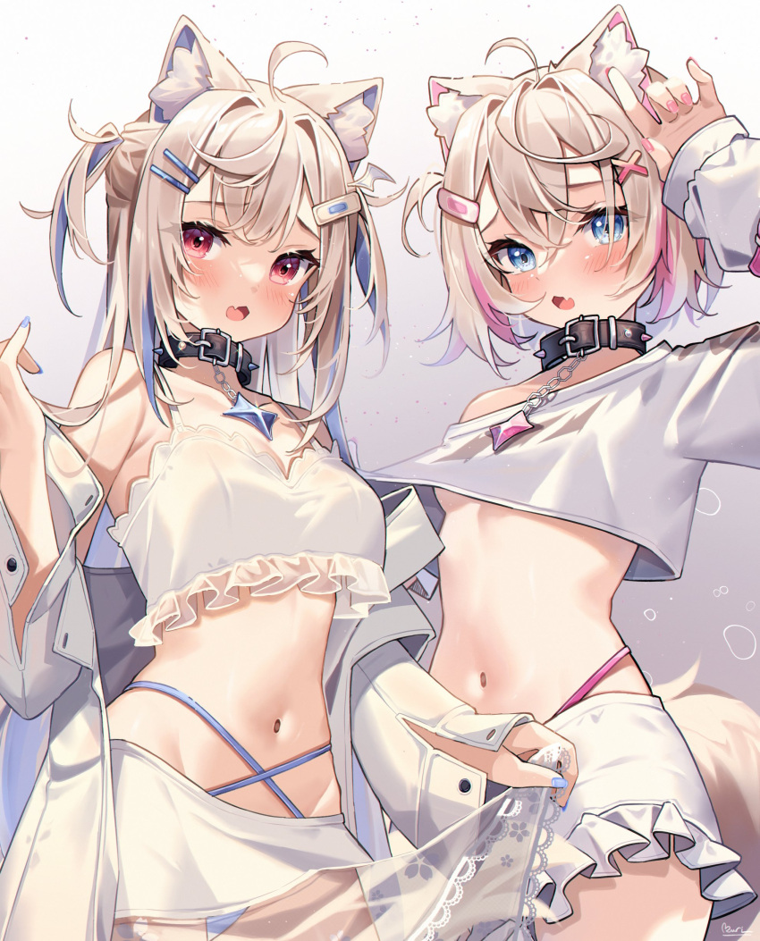 2girls :3 :o \m/ absurdres adjusting_clothes ahoge animal_collar animal_ear_fluff animal_ears bandaid bandaid_hair_ornament bare_shoulders black_collar blonde_hair blue_eyes blue_hair blue_panties breasts collar commentary cowboy_shot crop_top cross-laced_clothes cross-laced_panties dog_ears dog_girl dog_tail english_commentary fang frilled_shirt frilled_skirt frills fuwamoco fuwawa_abyssgard gradient_background grey_background hair_ornament hairclip hand_up highleg highleg_panties highres hololive hololive_english jacket kuri_(animejpholic) long_hair long_sleeves lowleg lowleg_skirt midriff miniskirt mococo_abyssgard multicolored_hair multiple_girls off-shoulder_shirt off_shoulder open_mouth panties pink_hair pink_panties raised_eyebrows red_eyes shirt short_hair siblings side-by-side single_bare_shoulder sisters skin_fang skirt small_breasts spaghetti_strap streaked_hair tail twins two-tone_hair two_side_up underboob underwear virtual_youtuber white_background white_jacket white_shirt white_skirt x_hair_ornament