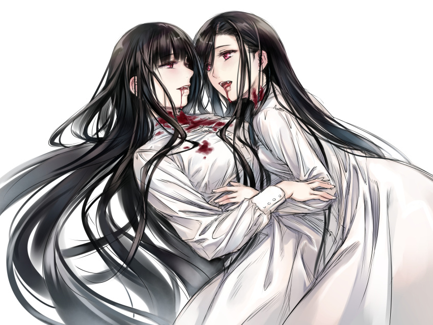 2girls black_hair blood blood_from_mouth blood_on_clothes commentary_request eye_contact fangs hand_on_another's_arm hand_on_another's_stomach highres long_hair long_sleeves looking_at_another multiple_girls open_mouth original red_eyes simple_background takekawa_shin vampire white_background yuri
