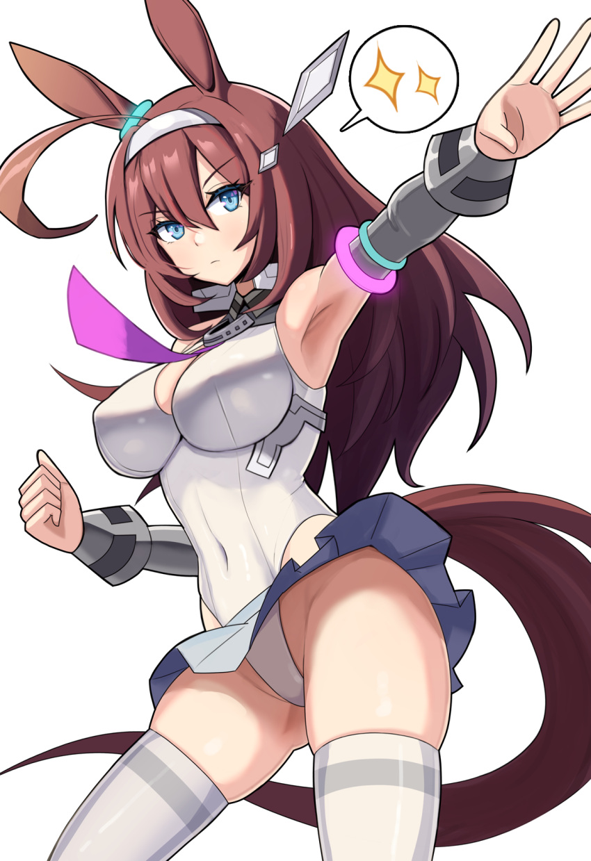 1girl ahoge animal_ears ass bare_shoulders blue_eyes brown_hair caitlyn0104 closed_mouth commentary_request cowboy_shot detached_sleeves from_behind grey_background grey_hairband grey_leotard grey_skirt hair_between_eyes hairband hand_on_own_hip highleg highleg_leotard highres horse_ears horse_girl horse_tail leotard long_hair long_sleeves looking_at_viewer looking_back mihono_bourbon_(umamusume) miniskirt rigging silver_hairband simple_background skirt spoken_sparkle tail thighhighs umamusume white_background white_thighhighs