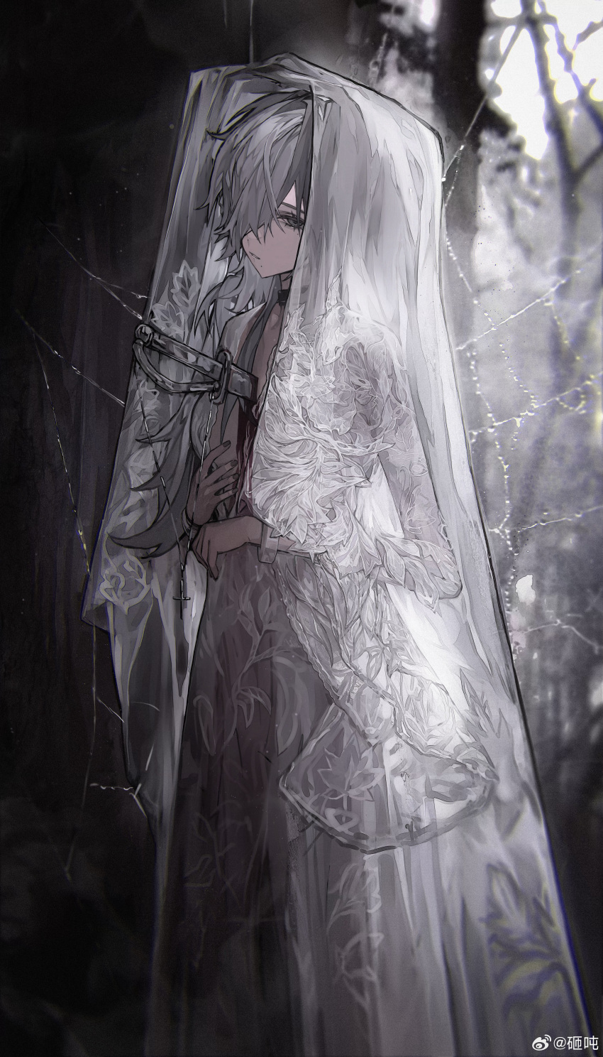 1girl absurdres black_choker blood bridal_veil center_opening chinese_commentary choker dress eyelashes fingernails floral_print forest grey_eyes hair_over_one_eye hand_on_own_chest highres knife_in_chest looking_at_viewer mole mole_under_mouth nature original outdoors parted_lips see-through_veil short_hair silk solo spider_web veil wedding_dress weibo_logo weibo_username white_dress white_hair white_veil zadun