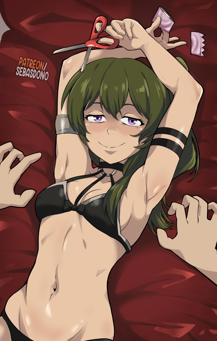 1girl 1other absurdres armlet black_bra black_choker bra breasts choker cleavage commentary condom condom_wrapper green_hair groin halterneck highres long_hair looking_at_viewer lying navel on_back ponytail pov purple_eyes scissors sebasdono smile solo_focus sousou_no_frieren stomach ubel_(sousou_no_frieren) underwear underwear_only upper_body