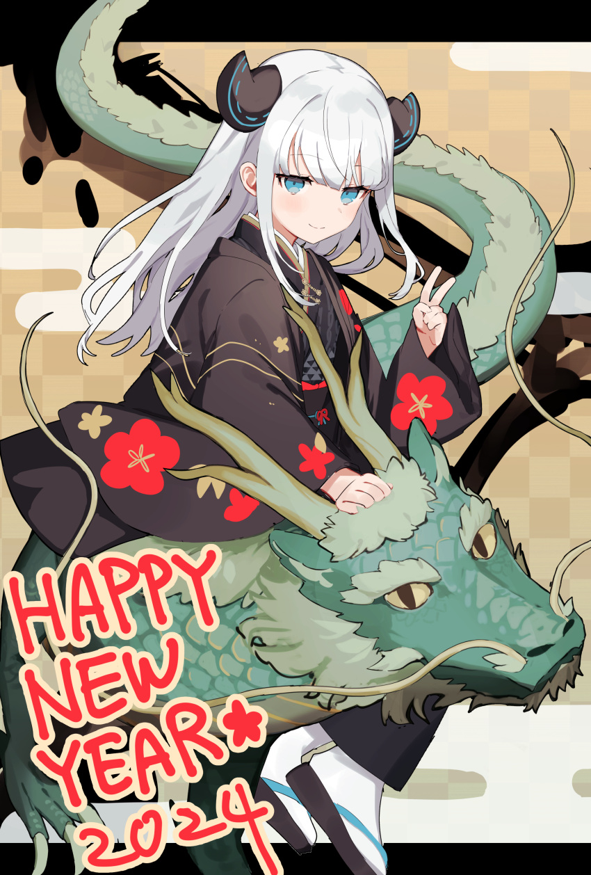 1girl 2024 absurdres black_kimono blue_eyes chinese_zodiac commentary_request dragon dragon_horns dragon_riding eastern_dragon english_text floral_print geta hand_on_animal happy_new_year highres horns japanese_clothes kimono long_hair looking_at_viewer nengajou new_year original shiratakiseaice smile socks solo v white_hair white_socks year_of_the_dragon