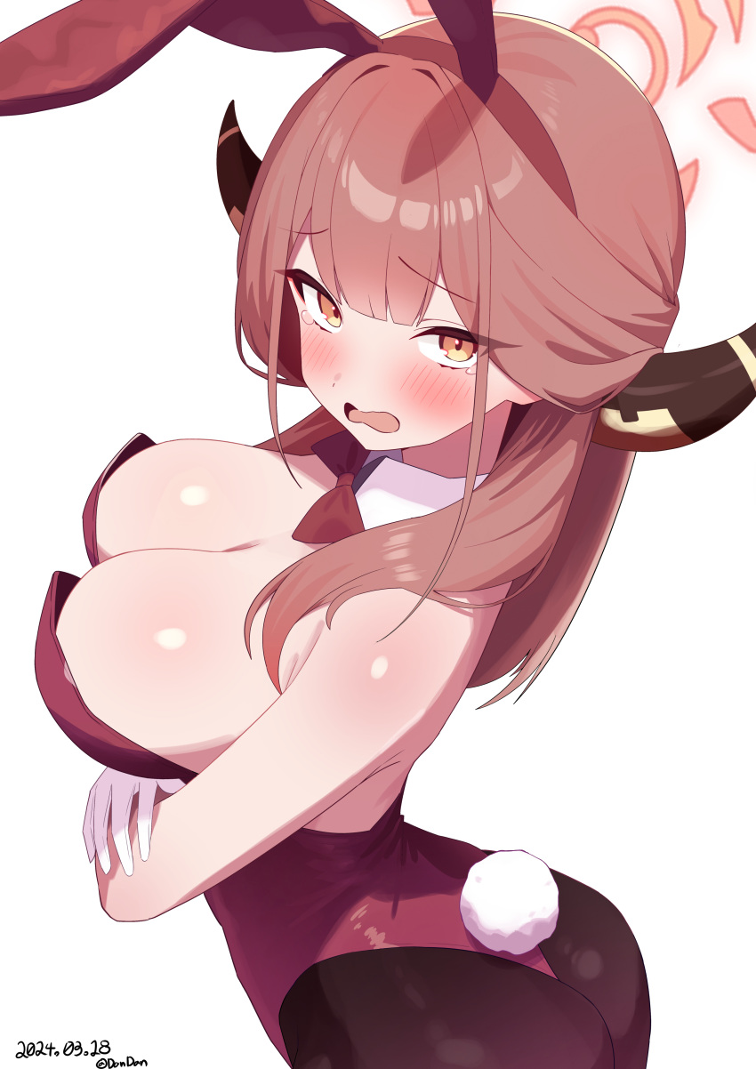 1girl absurdres alternate_costume animal_ears aru_(blue_archive) blue_archive blush bow bowtie breasts brown_horns brown_pantyhose cleavage commentary_request dandan_(uaee4742) dated detached_collar fake_animal_ears gloves halo highres horns large_breasts leotard looking_at_viewer medium_hair open_mouth pantyhose playboy_bunny rabbit_ears red_bow red_bowtie red_hair red_halo red_leotard simple_background tears twitter_username wavy_mouth white_background white_gloves