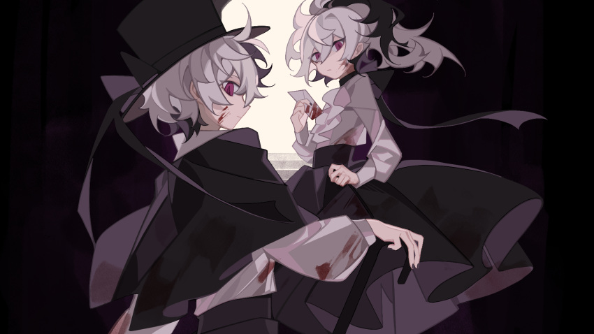 2girls alternate_costume black_capelet black_hair black_headwear black_ribbon black_skirt blood blood_on_clothes blood_on_face bubble_skirt cane capelet center_frills clenched_hand closed_mouth commentary dual_persona eight-b envelope expressionless flower_(vocaloid) flower_(vocaloid3) flower_(vocaloid4) frills full_moon hair_between_eyes hat high-waist_skirt highres holding holding_cane holding_envelope long_hair long_skirt long_sleeves looking_at_viewer looking_back moon multicolored_hair multiple_girls ponytail ribbon shirt short_hair skirt streaked_hair top_hat vocaloid white_hair white_shirt