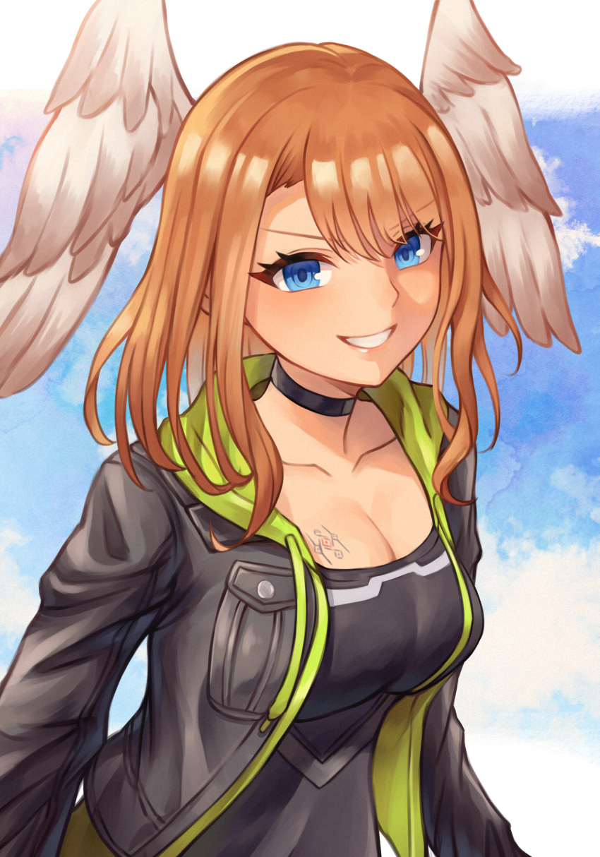 1girl 20060715 absurdres black_jacket blue_eyes breast_pocket breasts brown_hair choker cleavage collarbone eunie_(xenoblade) grin head_wings highres jacket large_breasts long_sleeves looking_at_viewer medium_hair parted_lips pocket smile solo teeth upper_body wings xenoblade_chronicles_(series) xenoblade_chronicles_3