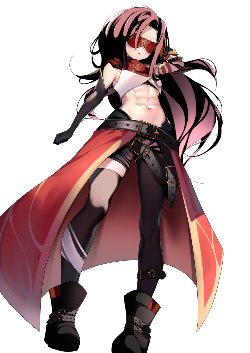 1girl abs absurdres alternate_costume arm_belt asymmetrical_legwear bare_shoulders belt blindfold boots brown_hair commission commissioner_upload covered_eyes crop_top dusk_(wayanfa) eremite_(faction) gauntlets genshin_impact gloves hand_in_own_hair highres lgn_roseta navel non-web_source original scarf shorts thigh_belt thigh_strap thighhighs thighs transparent_background