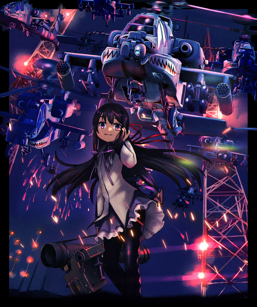 1girl ah-64_apache aircraft akemi_homura black_hair black_pantyhose dress fgm-148_javelin flare helicopter highres japan_ground_self-defense_force japan_self-defense_force long_hair looking_at_viewer mahou_shoujo_madoka_magica mahou_shoujo_madoka_magica_(anime) military missile_pod pantyhose purple_dress purple_eyes shark_nose_art smile solo timmyyen very_long_hair