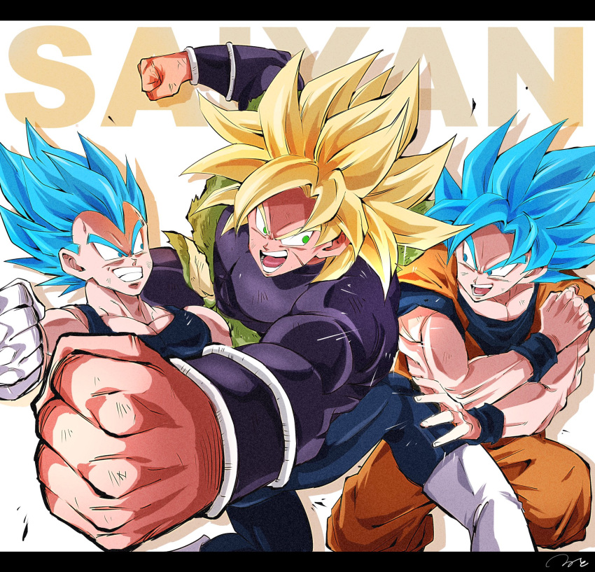 3boys black_bodysuit blue_eyes blue_pants blue_shirt bodysuit broly_(dragon_ball_super) dougi dragon_ball dragon_ball_super fighting gloves green_eyes happy highres multiple_boys muscular muscular_male orange_pants orange_shirt pants ruto830 saiyan shirt short_sleeves sleeveless sleeveless_shirt smile son_goku spiked_hair super_saiyan super_saiyan_1 super_saiyan_blue vegeta white_gloves