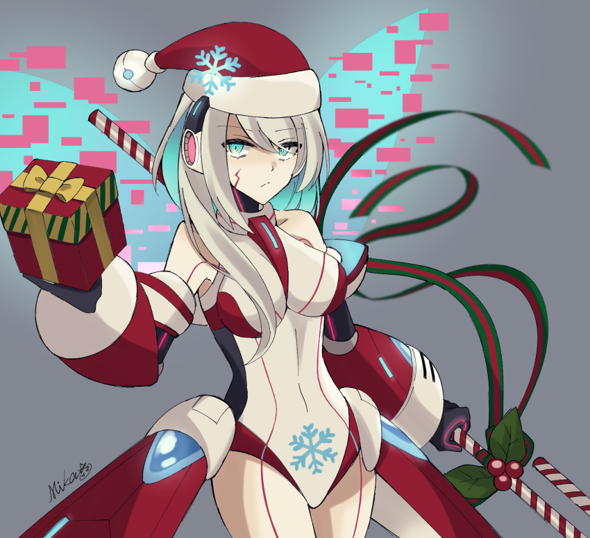 1girl @_@ black_gloves blue_eyes box candy candy_cane closed_mouth food gift gift_box gloves grey_background hat highres holding holding_candy holding_candy_cane holding_food holding_gift ico_(megaman_x_dive) leotard long_hair looking_at_viewer mega_man_(series) mega_man_x_(series) mega_man_x_dive mikan_763 red_headwear robot_girl santa_hat signature solo white_hair