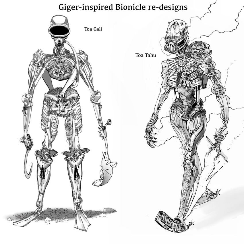 bionicle cable english_commentary fish flaming_sword flaming_weapon gali_(bionicle) greyscale h.r._giger_(style) highres holding holding_sword holding_weapon humanoid_robot mantleheart monochrome redesign robot smoke sword tahu_(bionicle) the_lego_group walking weapon