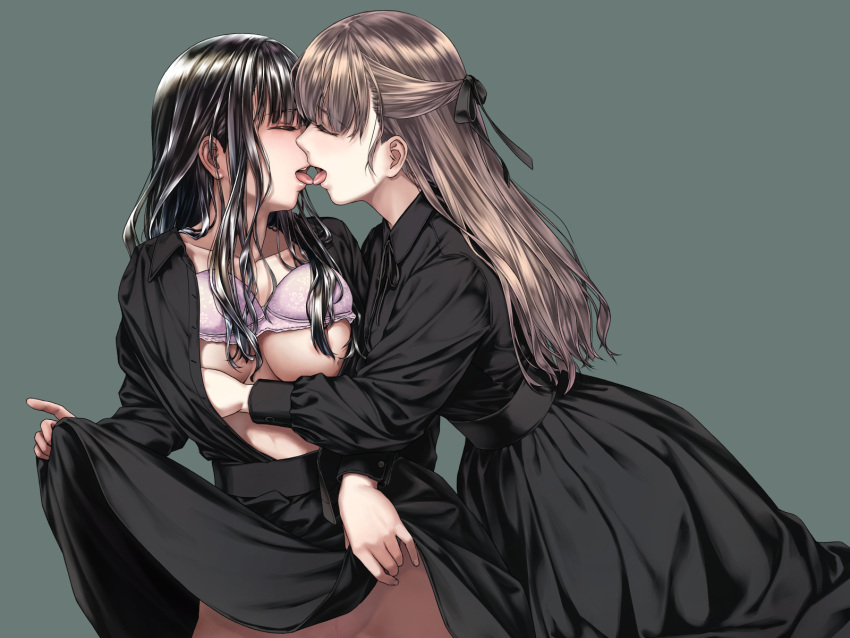 2girls areola_slip black_dress black_hair black_ribbon bra bra_lift breasts brown_hair closed_eyes clothes_lift commentary_request dress french_kiss grabbing grabbing_another's_breast green_background hair_censor hair_ribbon highres kiss large_breasts lifted_by_self long_hair multiple_girls no_panties open_clothes open_dress original pink_bra pussy_juice ribbon simple_background skirt skirt_lift takekawa_shin tongue tongue_out underwear yuri